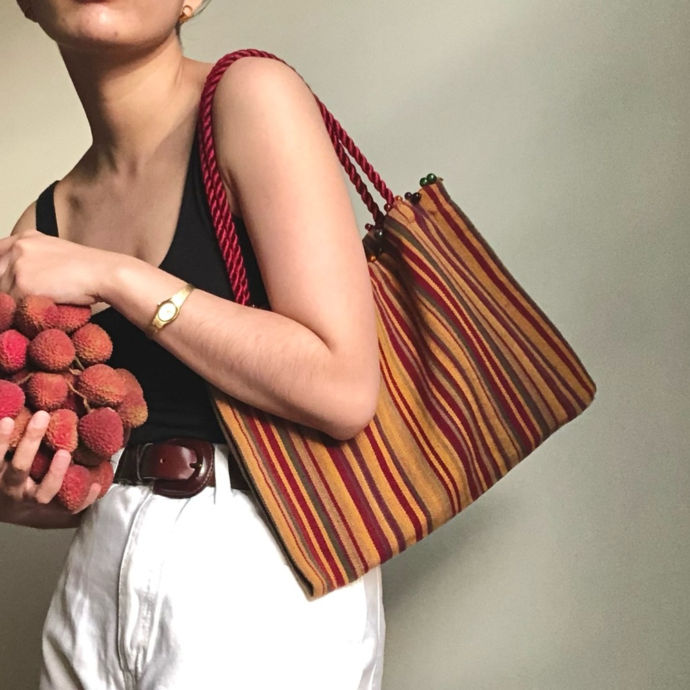 vintage beaded stripe shoulder bag, rope strap fall color fabric purse, handmade